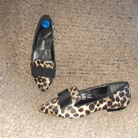 KENSIE-Leopard Pattern Calf Hair Ballet Flats-Ribbon Bow-Sz 6.5-Near Mint - Picture 1 of 7